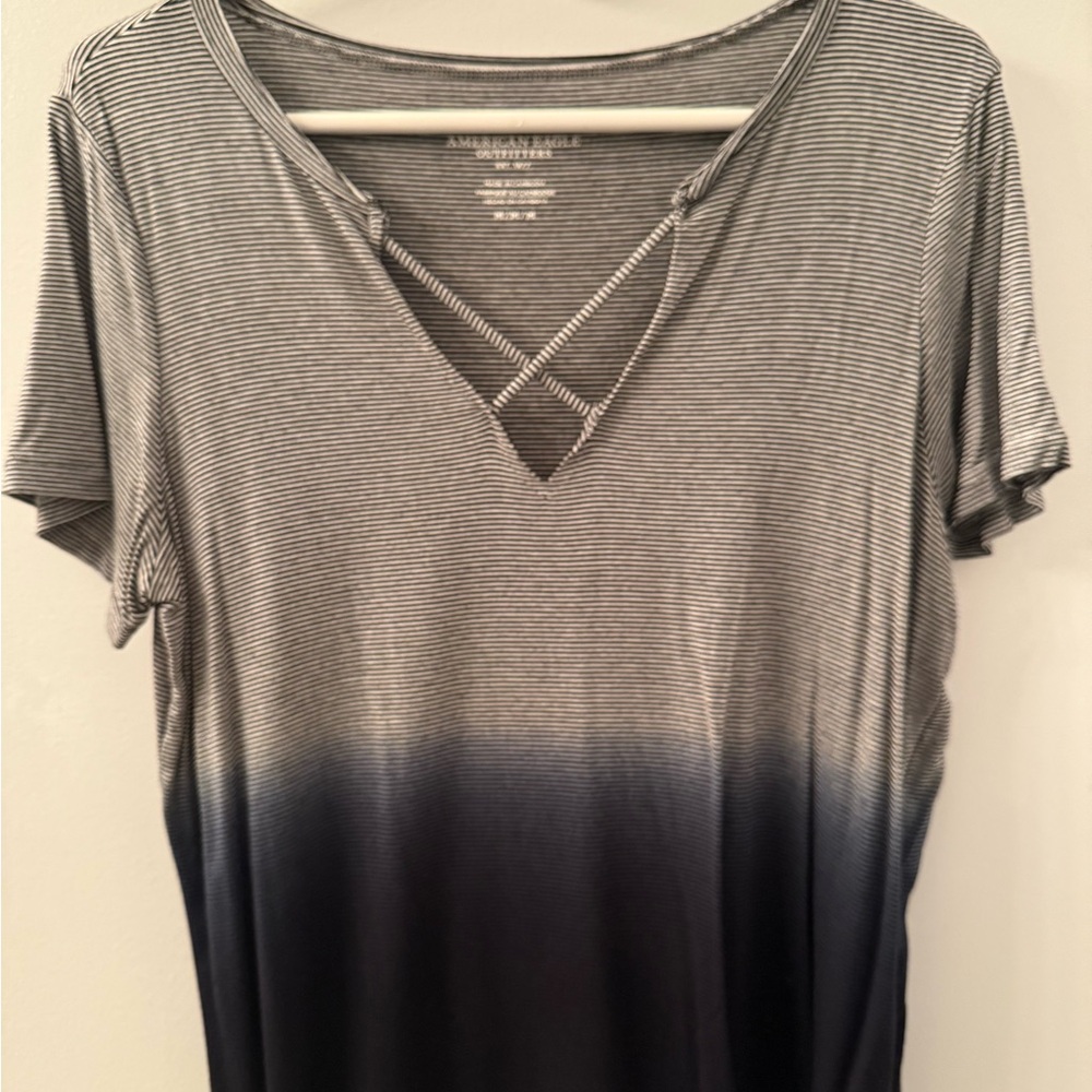 American Eagle Outfitters Women's Striped Gray and Dark Blue Top